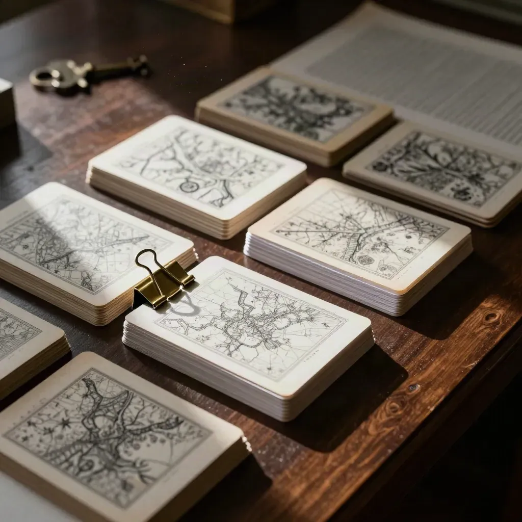 Ciemne biurko z kartami chronologii, mapowymi papierami i mosiężnym klipsem w dramatycznym świetle.